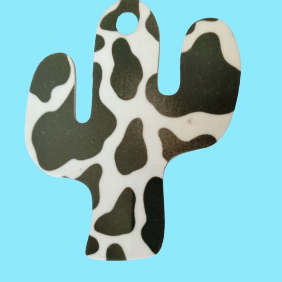 Black White Cactus Pendant Charm Western Southwest Cow Print - Picture 1 of 3